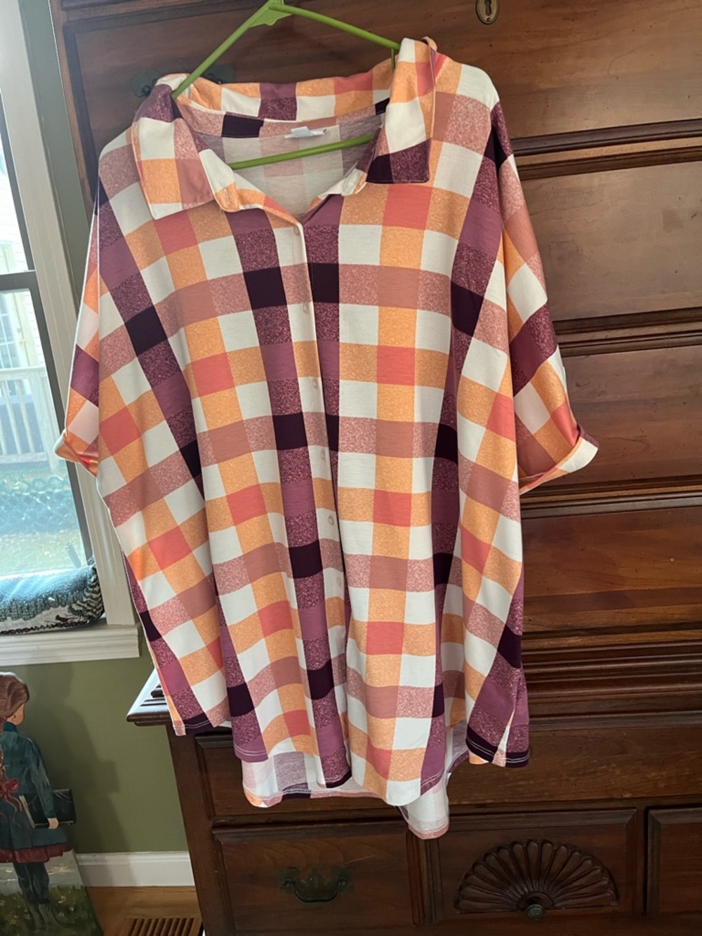 LuLaRoe Button-Down Shirt in Ivory, Peach & Plum Plaid